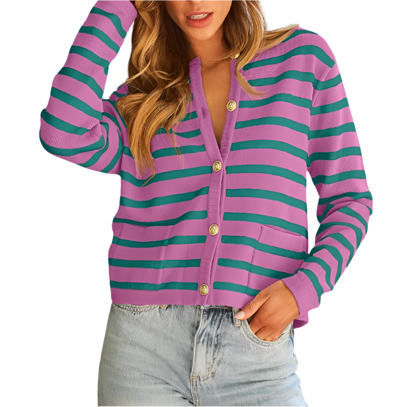 Women's Cardigan Sweater | Striped Knit Design | Cropped Fit with Button Closure
