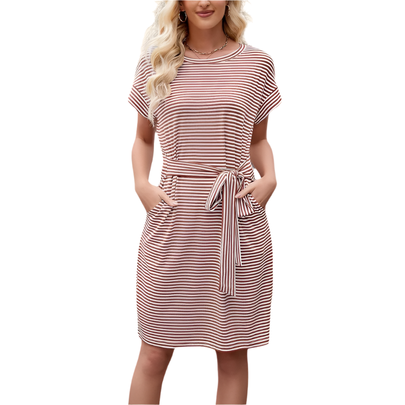 T‑Shirt Midi Dress | Striped Tie‑Waist | Crew Neck, Side Pockets