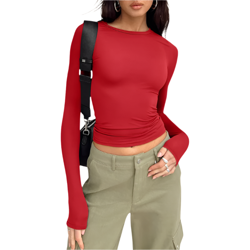 Women's Crop Top | Casual Long Sleeve Crewneck | Ribbed Knit Pullover