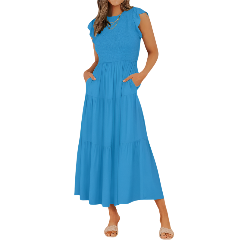 Tiered Midi Dress | Flutter‑Sleeve Smocked | Elastic Waist, Crew Neck