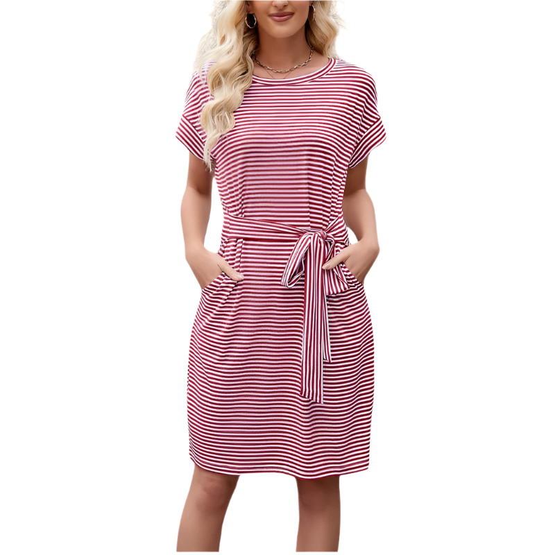 T‑Shirt Midi Dress | Striped Tie‑Waist | Crew Neck, Side Pockets