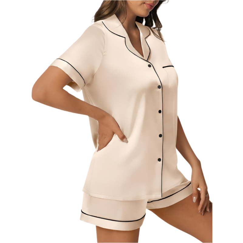 Women's Satin Pajama Set | Short Sleeve Button-Down Top & Shorts | Lightweight Summer Loungewear