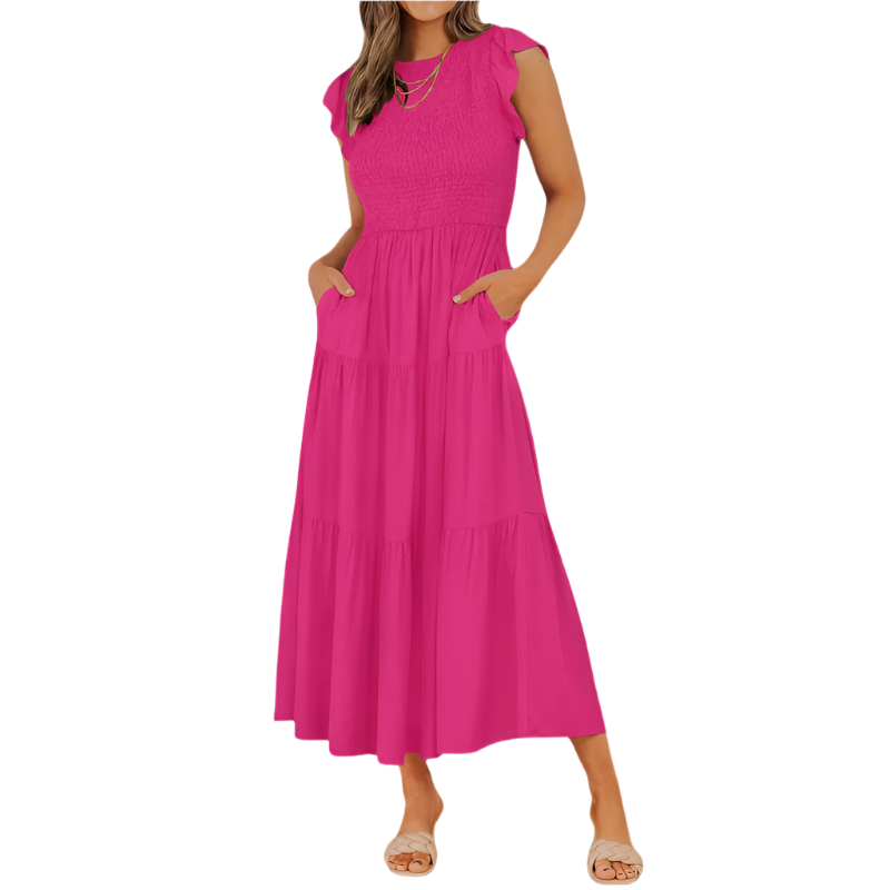 Tiered Midi Dress | Flutter‑Sleeve Smocked | Elastic Waist, Crew Neck