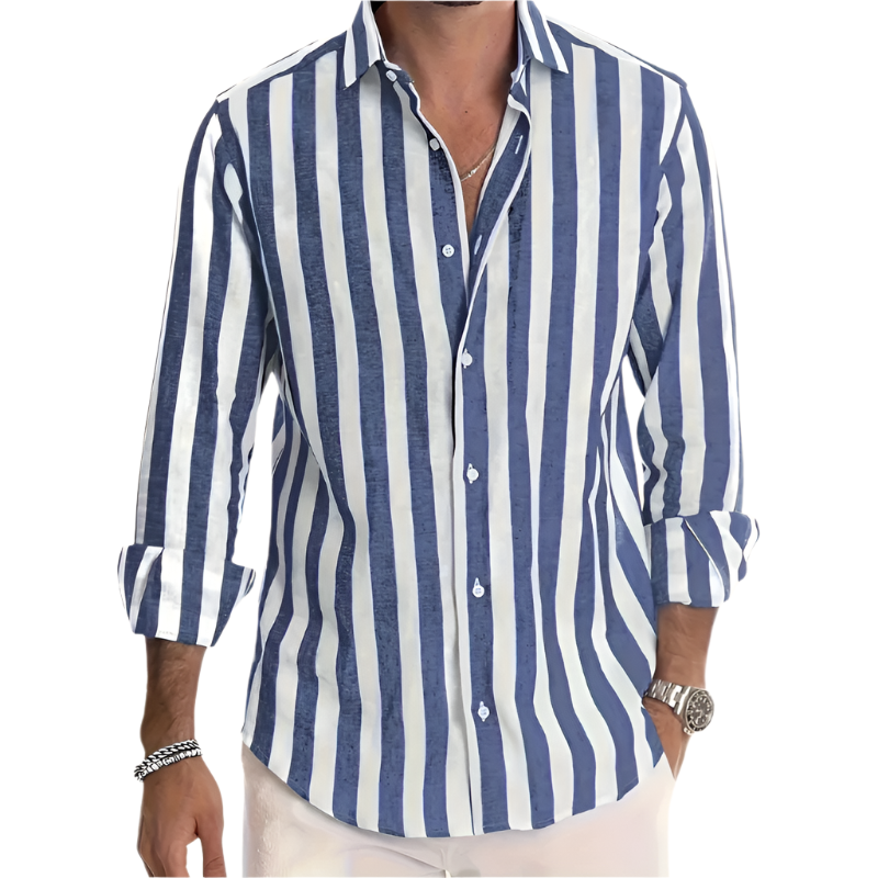 Long‑Sleeve Button‑Up Shirt | Lapel Collar Striped | Cotton‑Linen Blend