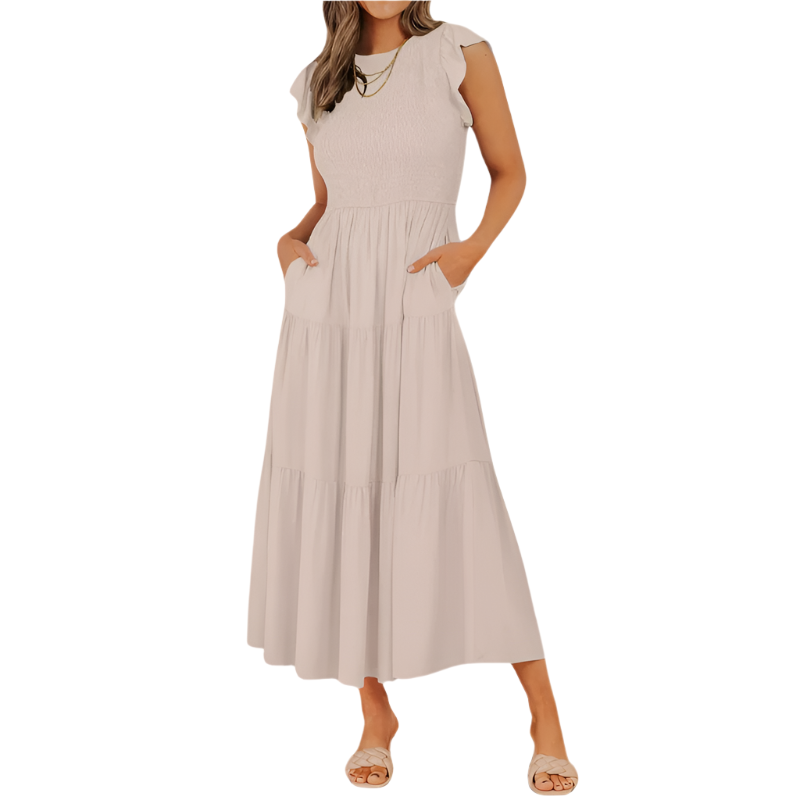 Tiered Midi Dress | Flutter‑Sleeve Smocked | Elastic Waist, Crew Neck