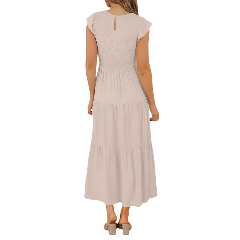 Tiered Midi Dress | Flutter‑Sleeve Smocked | Elastic Waist, Crew Neck