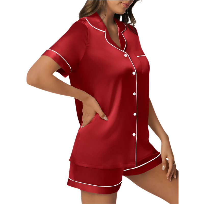 Women's Satin Pajama Set | Short Sleeve Button-Down Top & Shorts | Lightweight Summer Loungewear
