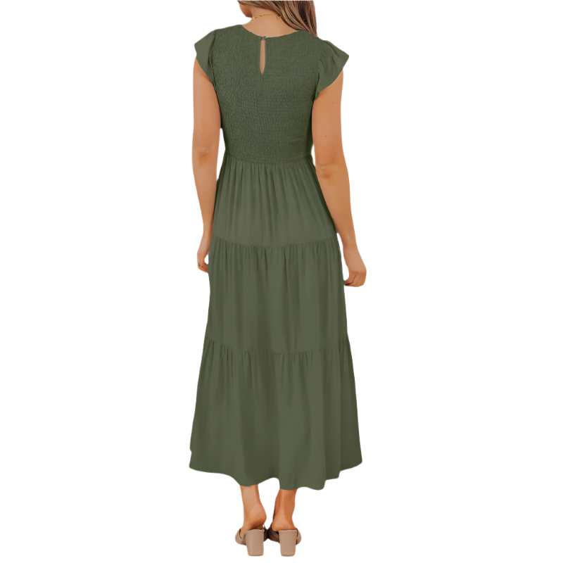 Tiered Midi Dress | Flutter‑Sleeve Smocked | Elastic Waist, Crew Neck