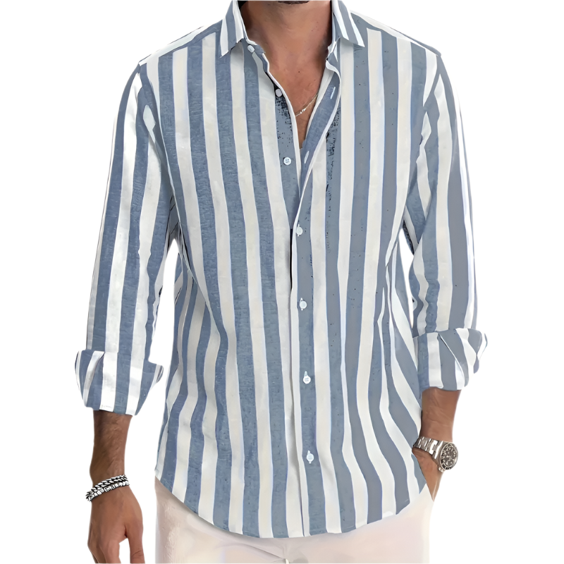 Long‑Sleeve Button‑Up Shirt | Lapel Collar Striped | Cotton‑Linen Blend