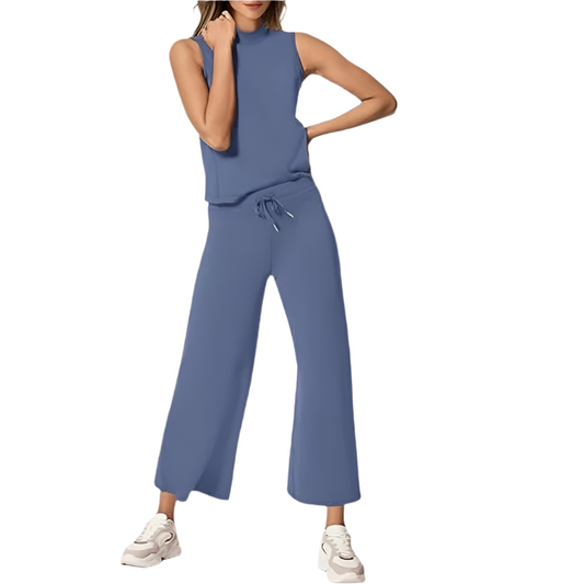 Two‑Piece Set | Sleeveless Mock‑Neck & Wide‑Leg Crop Pants | Lightweight Spacer Fabric