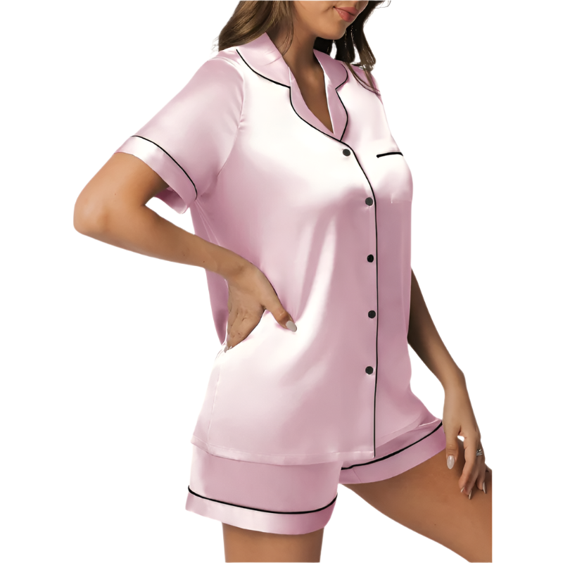Women's Satin Pajama Set | Short Sleeve Button-Down Top & Shorts | Lightweight Summer Loungewear