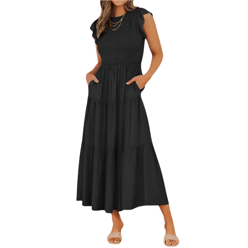 Tiered Midi Dress | Flutter‑Sleeve Smocked | Elastic Waist, Crew Neck