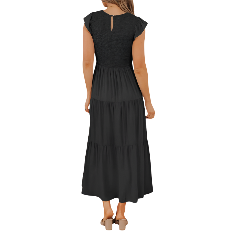 Tiered Midi Dress | Flutter‑Sleeve Smocked | Elastic Waist, Crew Neck