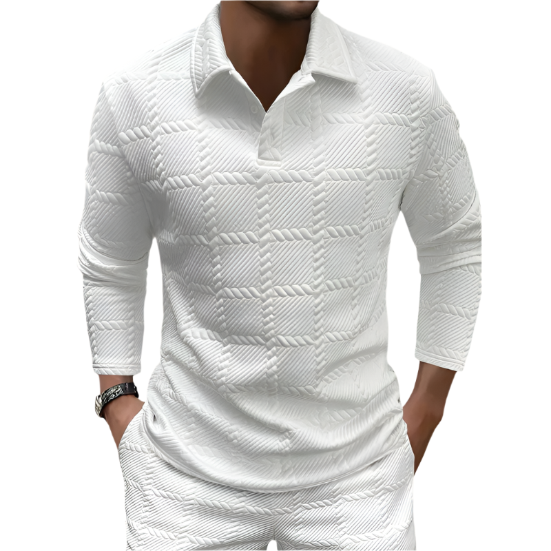 Men’s Polo Shirt | Casual Knit Style | Geometric Jacquard Pattern, Button Collar, Polyester