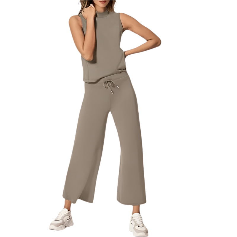 Two‑Piece Set | Sleeveless Mock‑Neck & Wide‑Leg Crop Pants | Lightweight Spacer Fabric
