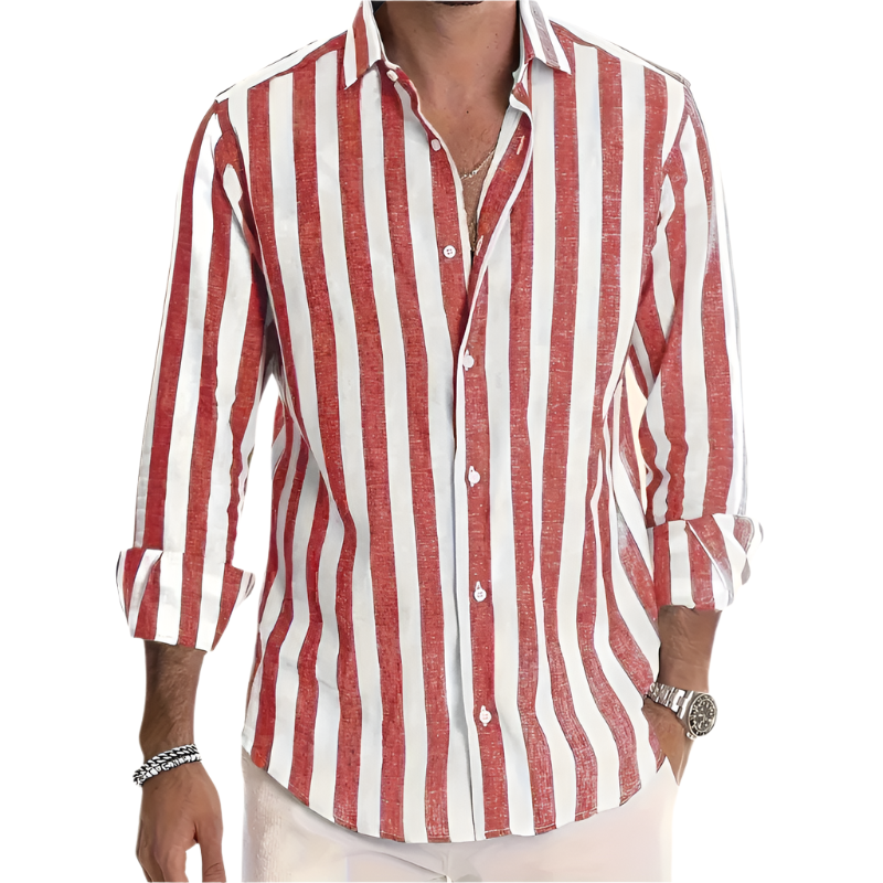 Long‑Sleeve Button‑Up Shirt | Lapel Collar Striped | Cotton‑Linen Blend