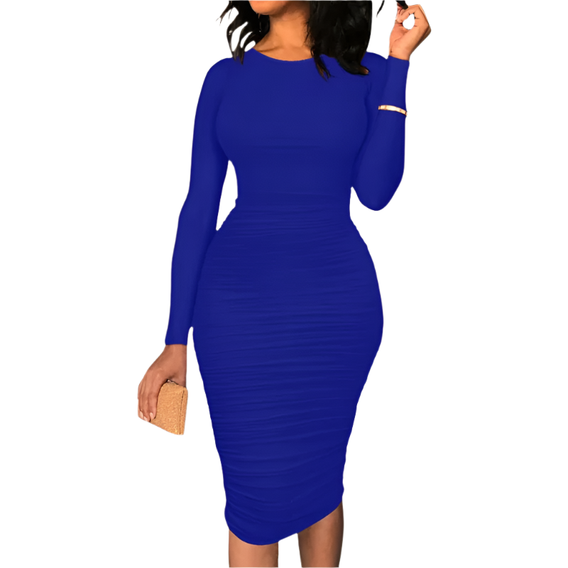 Women's long sleeve round neck ruched slim fit midi dress