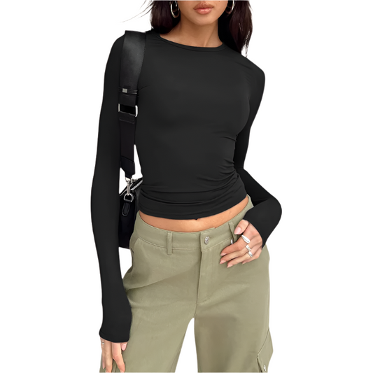 Women's Crop Top | Casual Long Sleeve Crewneck | Ribbed Knit Pullover
