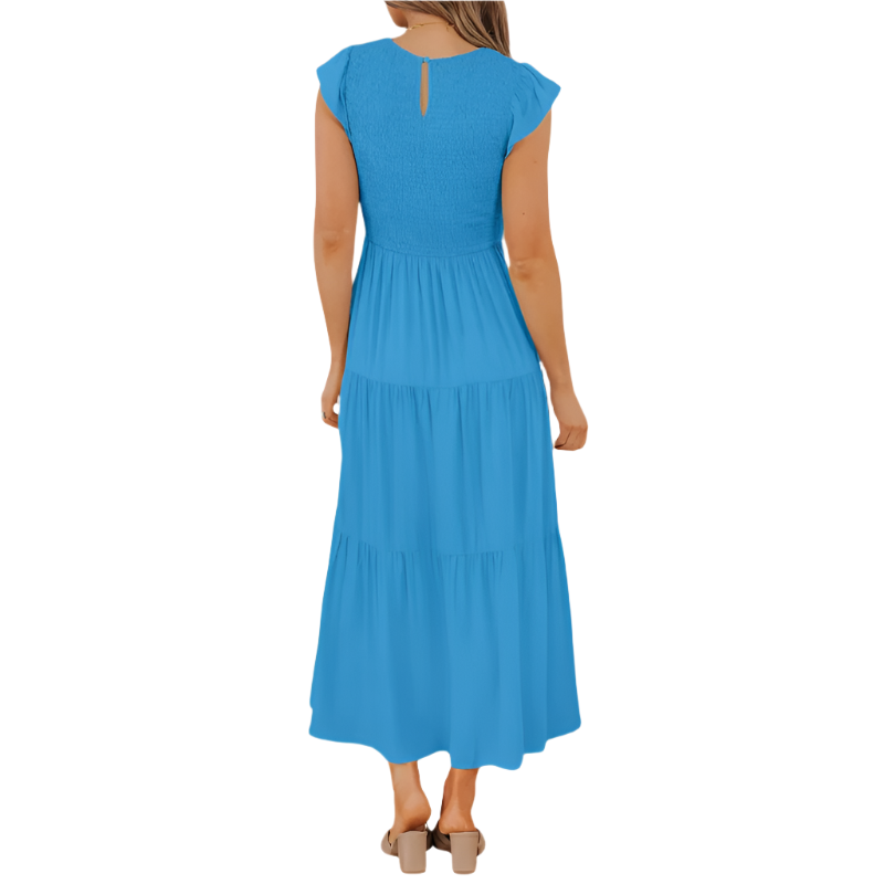 Tiered Midi Dress | Flutter‑Sleeve Smocked | Elastic Waist, Crew Neck
