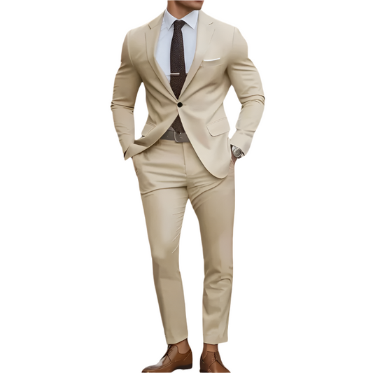 Men’s Formal Suit Set | Elegant 2-Piece Design | Solid Color Blazer and Trousers in Polyester-Rayon Blend