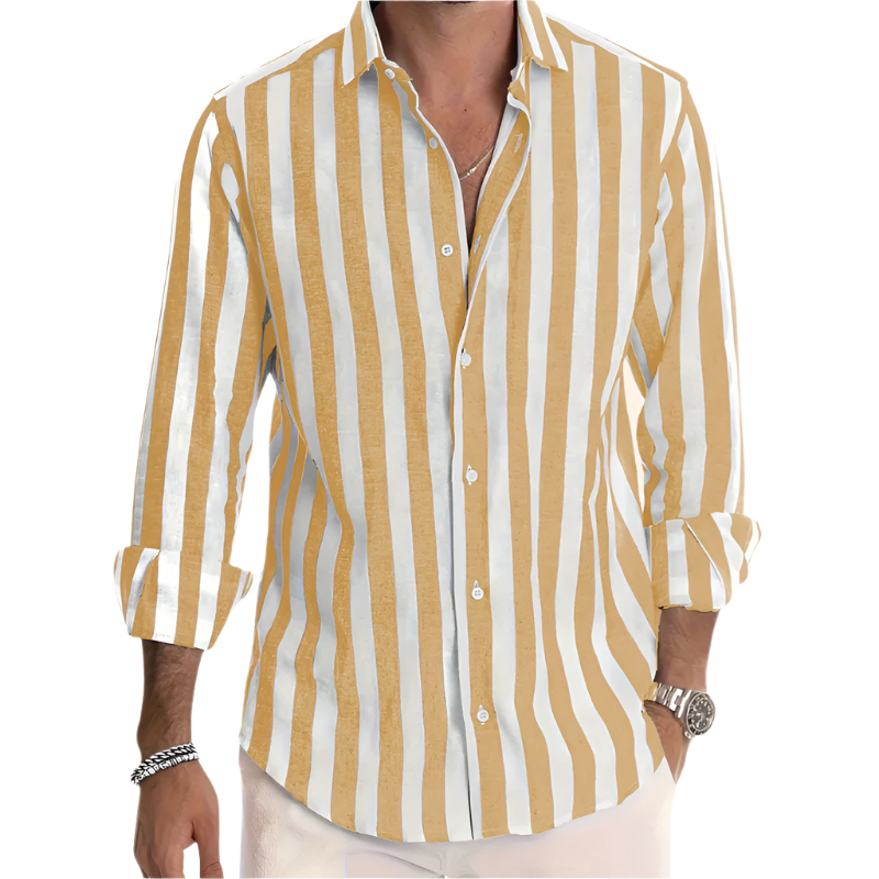 Long‑Sleeve Button‑Up Shirt | Lapel Collar Striped | Cotton‑Linen Blend