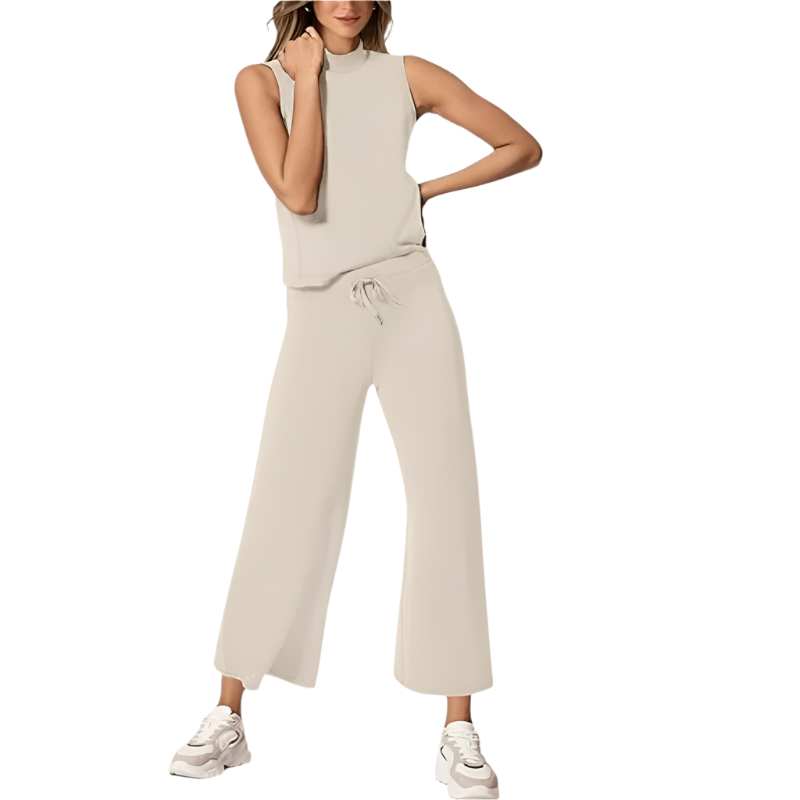 Two‑Piece Set | Sleeveless Mock‑Neck & Wide‑Leg Crop Pants | Lightweight Spacer Fabric