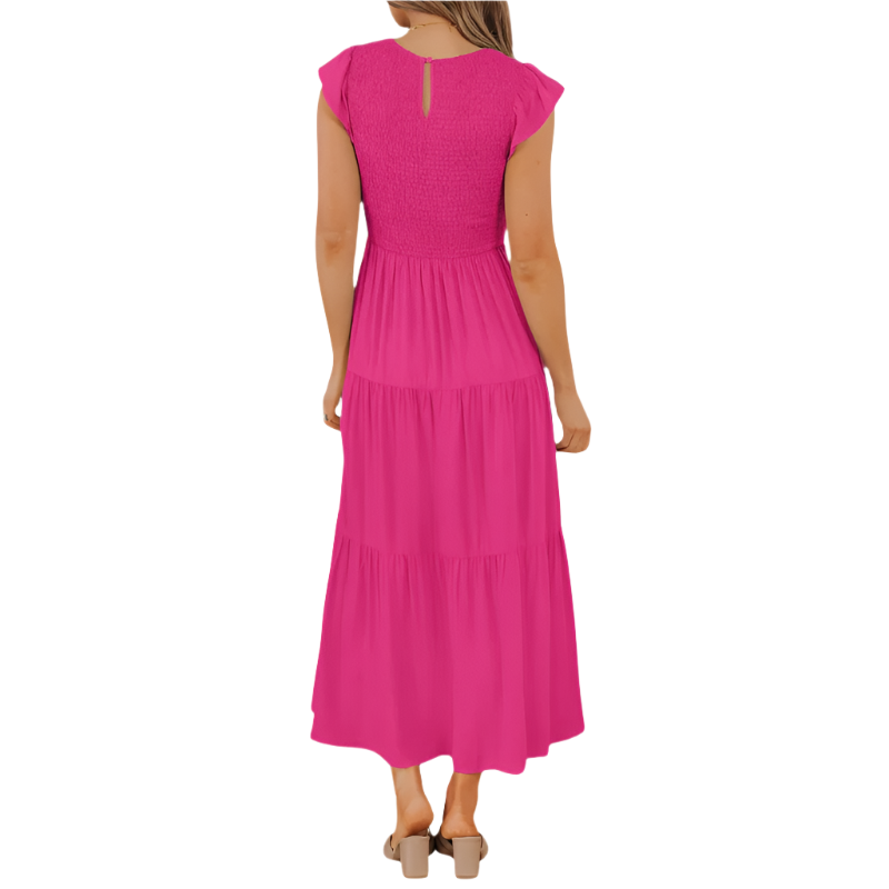 Tiered Midi Dress | Flutter‑Sleeve Smocked | Elastic Waist, Crew Neck