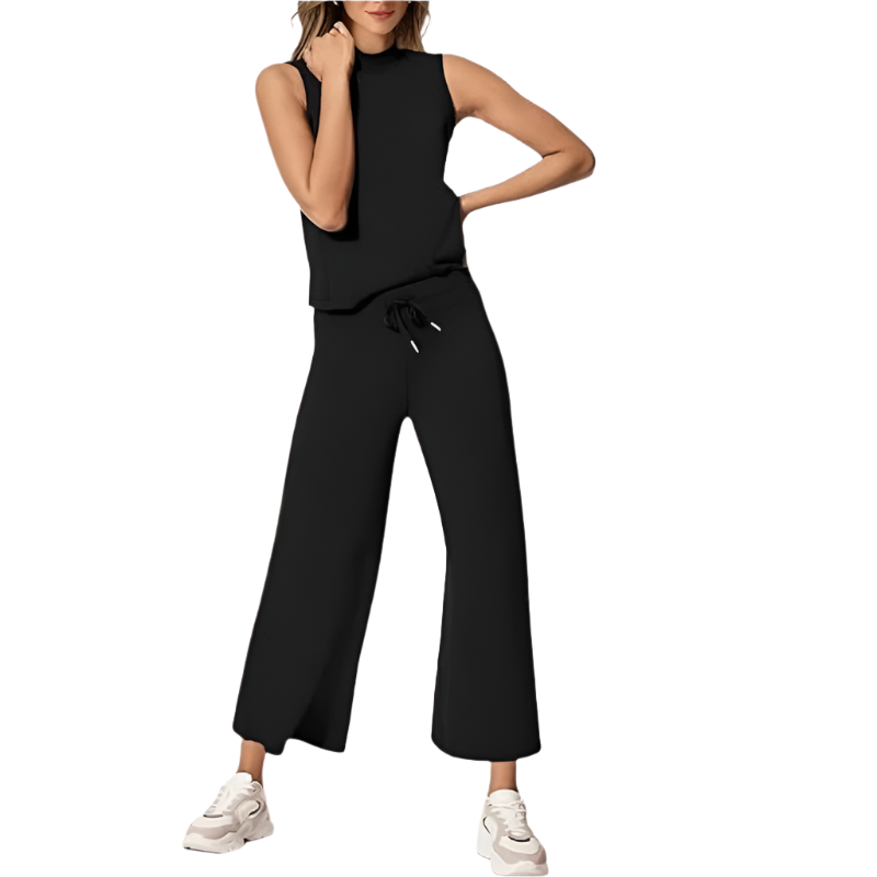 Two‑Piece Set | Sleeveless Mock‑Neck & Wide‑Leg Crop Pants | Lightweight Spacer Fabric