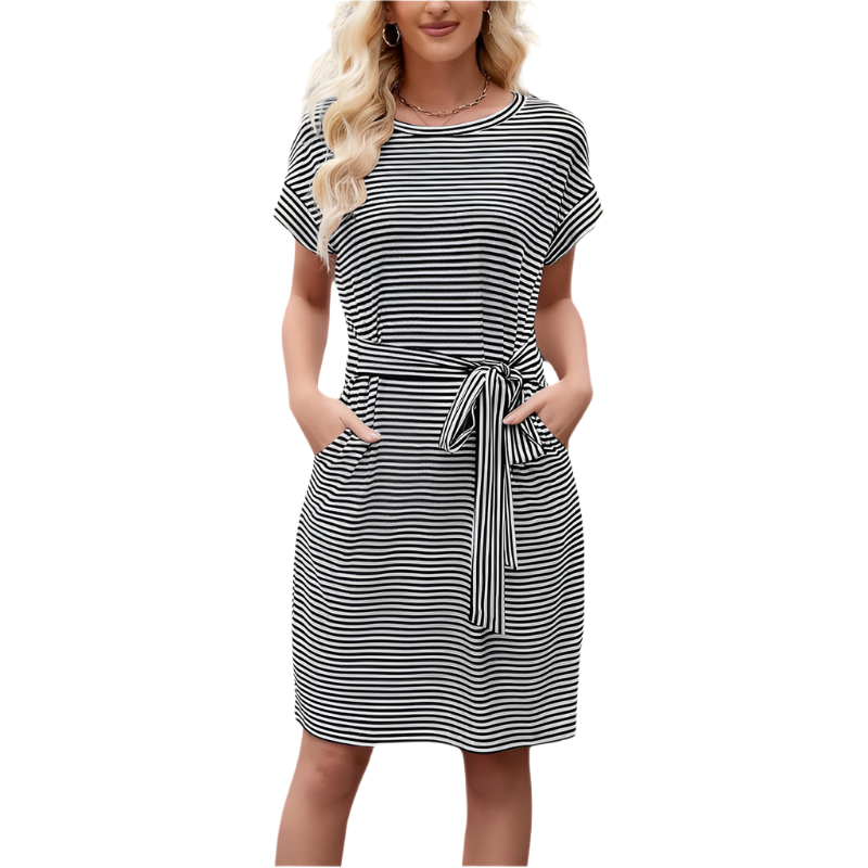 T‑Shirt Midi Dress | Striped Tie‑Waist | Crew Neck, Side Pockets