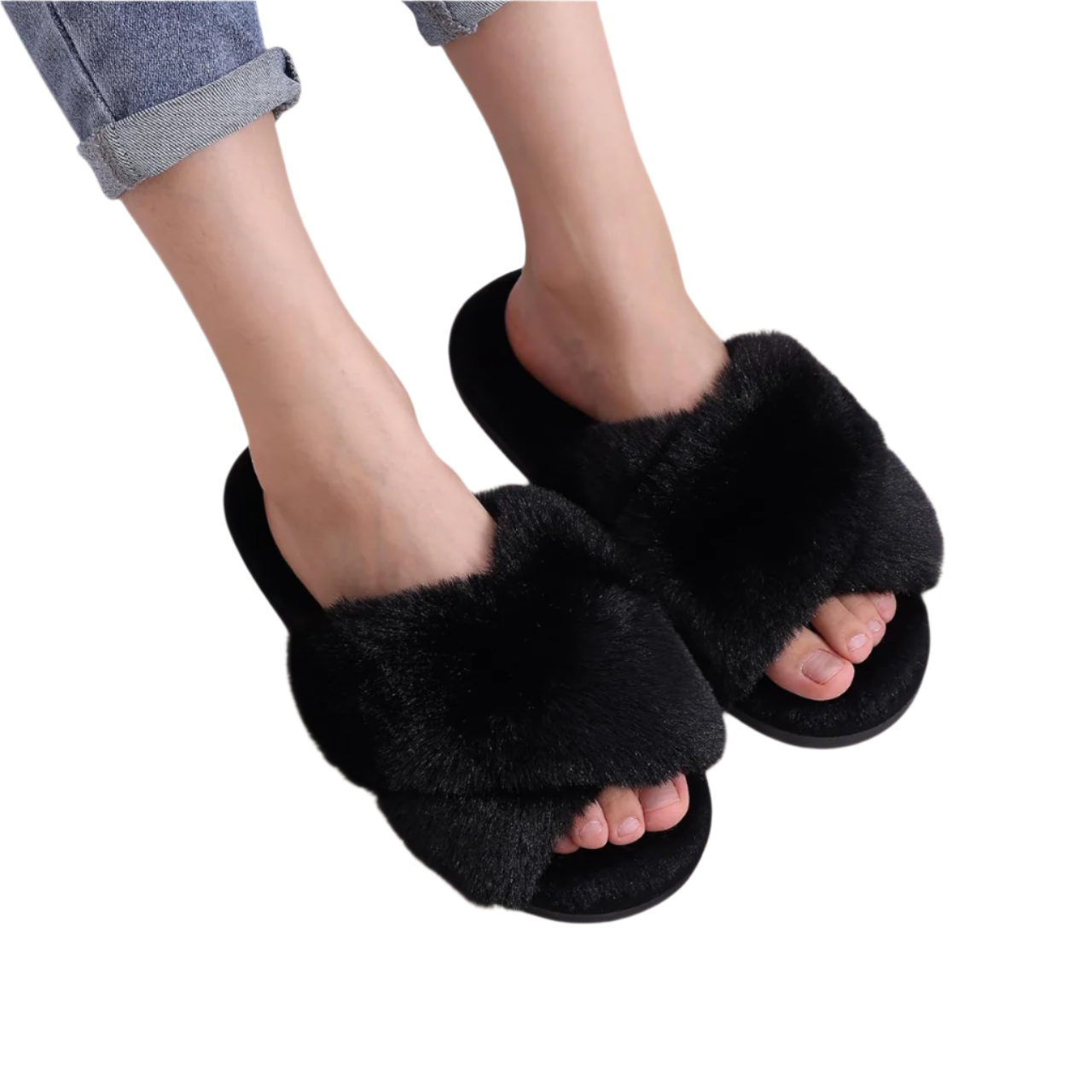 Women's Fuzzy Slippers | Open-Toe Crisscross Design | Memory Foam, Anti-Slip Sole