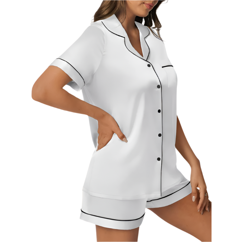 Women's Satin Pajama Set | Short Sleeve Button-Down Top & Shorts | Lightweight Summer Loungewear