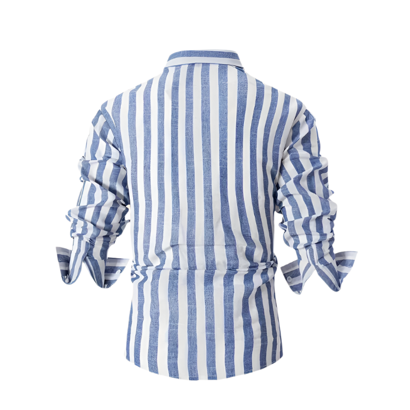 Long‑Sleeve Button‑Up Shirt | Lapel Collar Striped | Cotton‑Linen Blend
