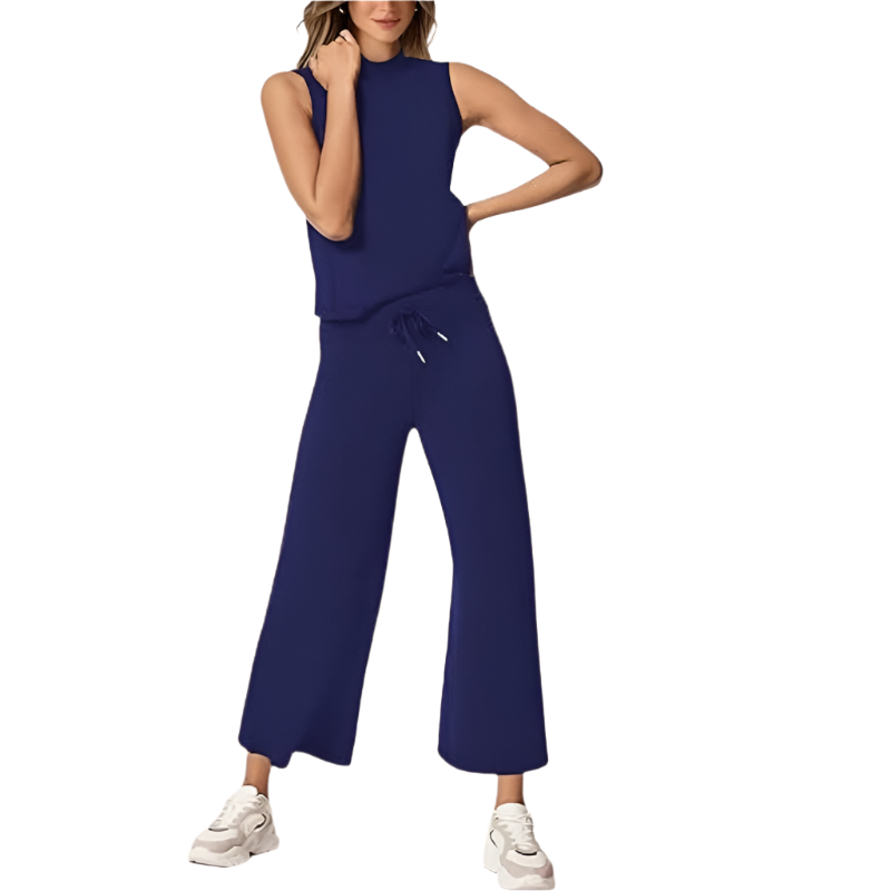 Two‑Piece Set | Sleeveless Mock‑Neck & Wide‑Leg Crop Pants | Lightweight Spacer Fabric