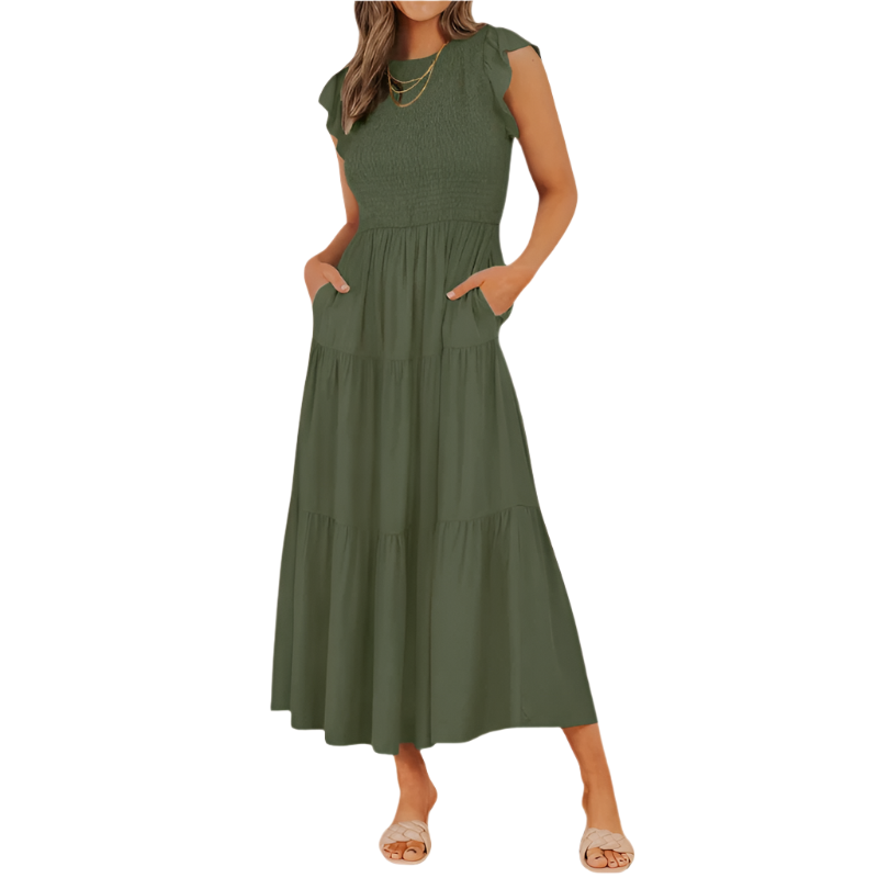 Tiered Midi Dress | Flutter‑Sleeve Smocked | Elastic Waist, Crew Neck