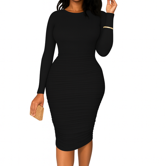 Women's long sleeve round neck ruched slim fit midi dress