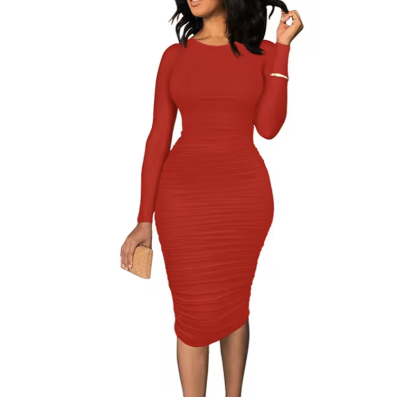 Women's long sleeve round neck ruched slim fit midi dress