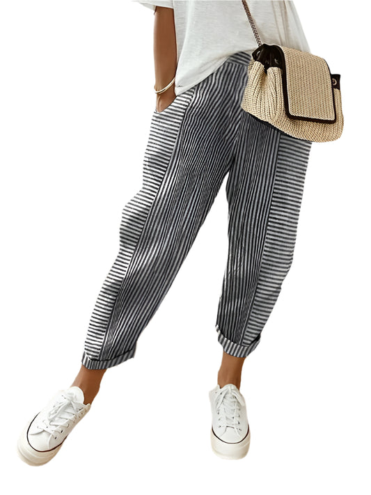 Women's High-Waisted Striped Wide-Leg Trousers – Lightweight Summer Pants